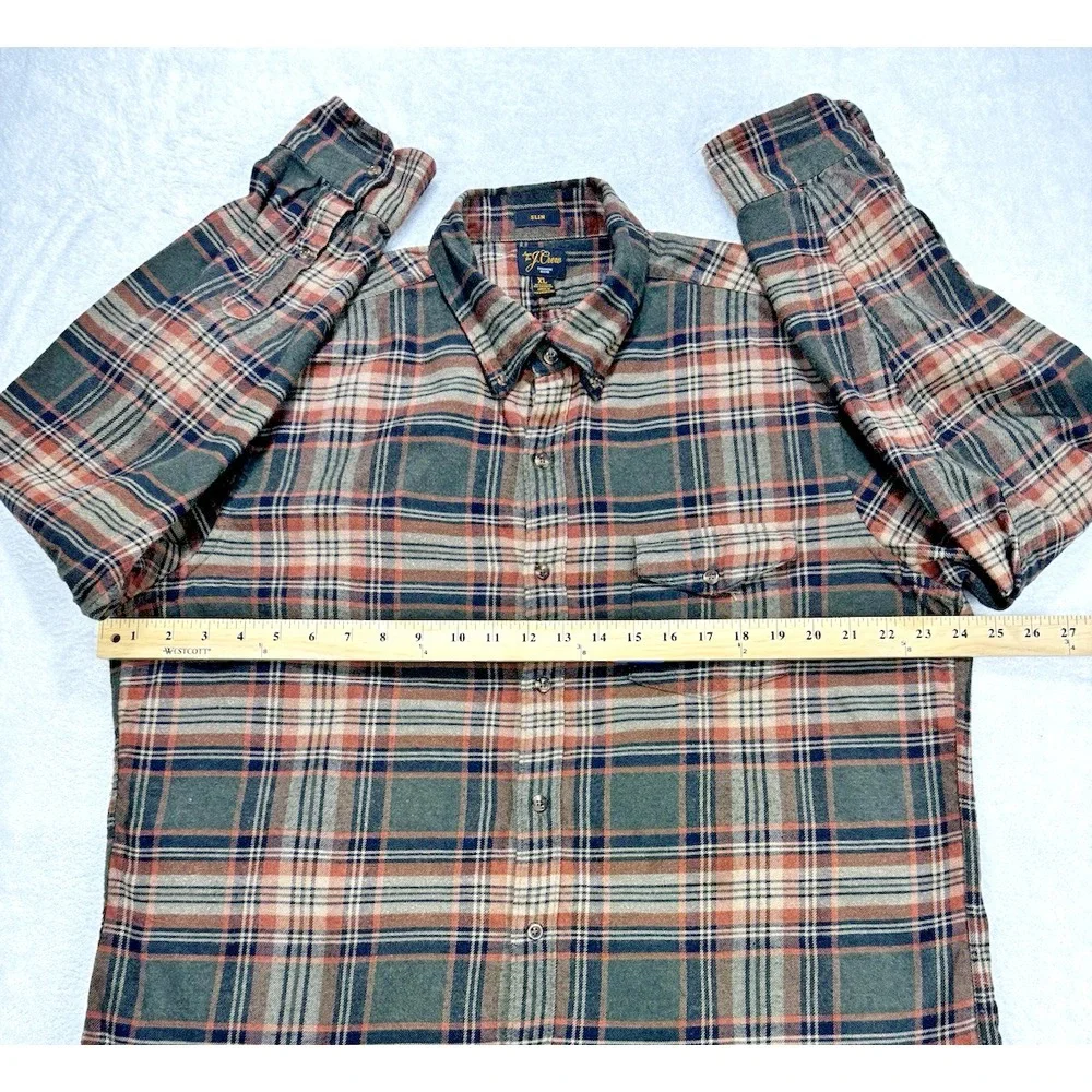 J.Crew Cashmere‎ Blend Slim Flannel Shirt Men XL Brown Tan Green Button Down
